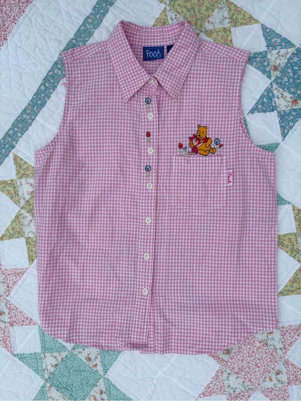 Vintage Winnie the Pooh Piglet Pink Gingham Top Large 90s Y2K Cottagecore Disney - Picture 2 of 12